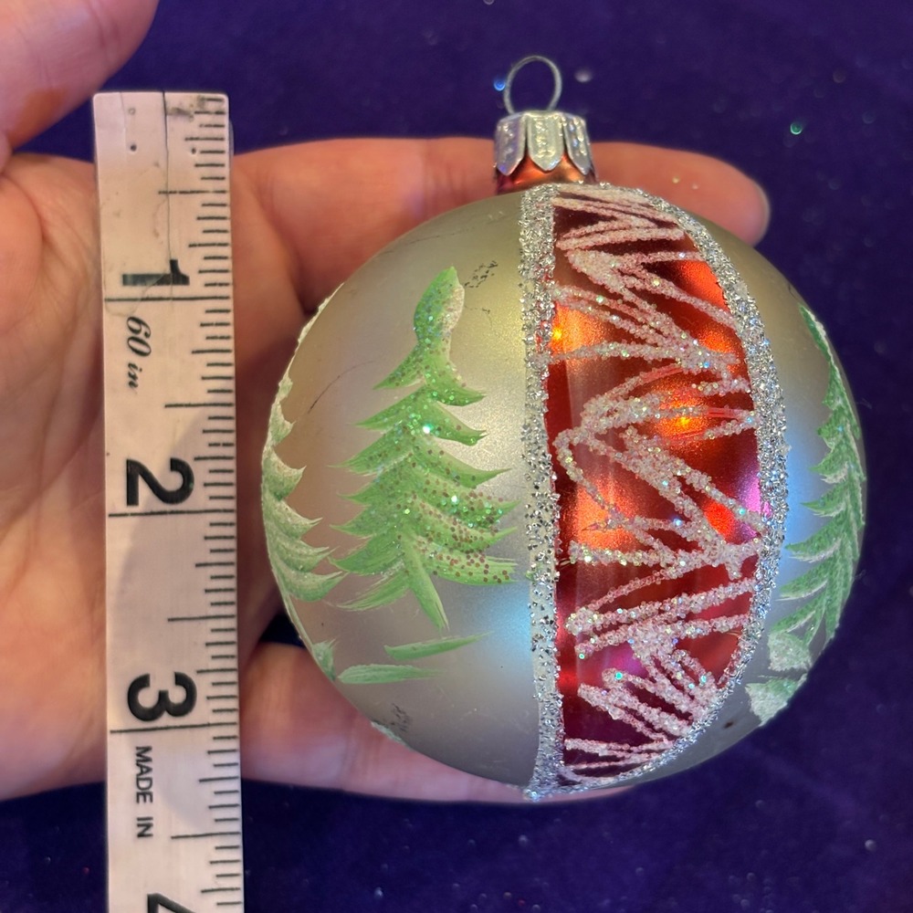 Vintage Mid-Century Hand Painted Pine Trees Glitter Glass Christmas Ornament - Picture 6 of 7